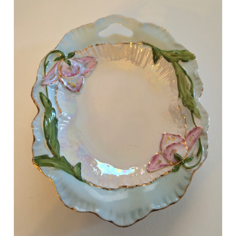 Vintage Floral Porcelain Relish Celery Dish Pink Lily Flowers Gold Gilt Accent